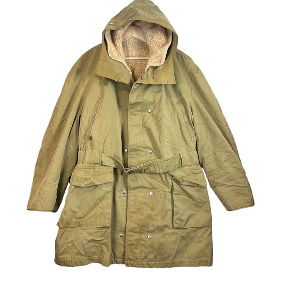 Vintage Christonette Top Coat Lined Parka Military Army Green Belted Hooded L XL - Picture 1 of 16